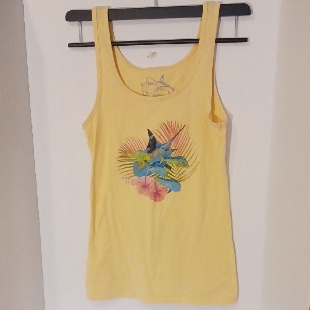 Women's Guy Harvey Tank Top Size M 100% Cotton Yellow Swordfish/Floral Beautiful